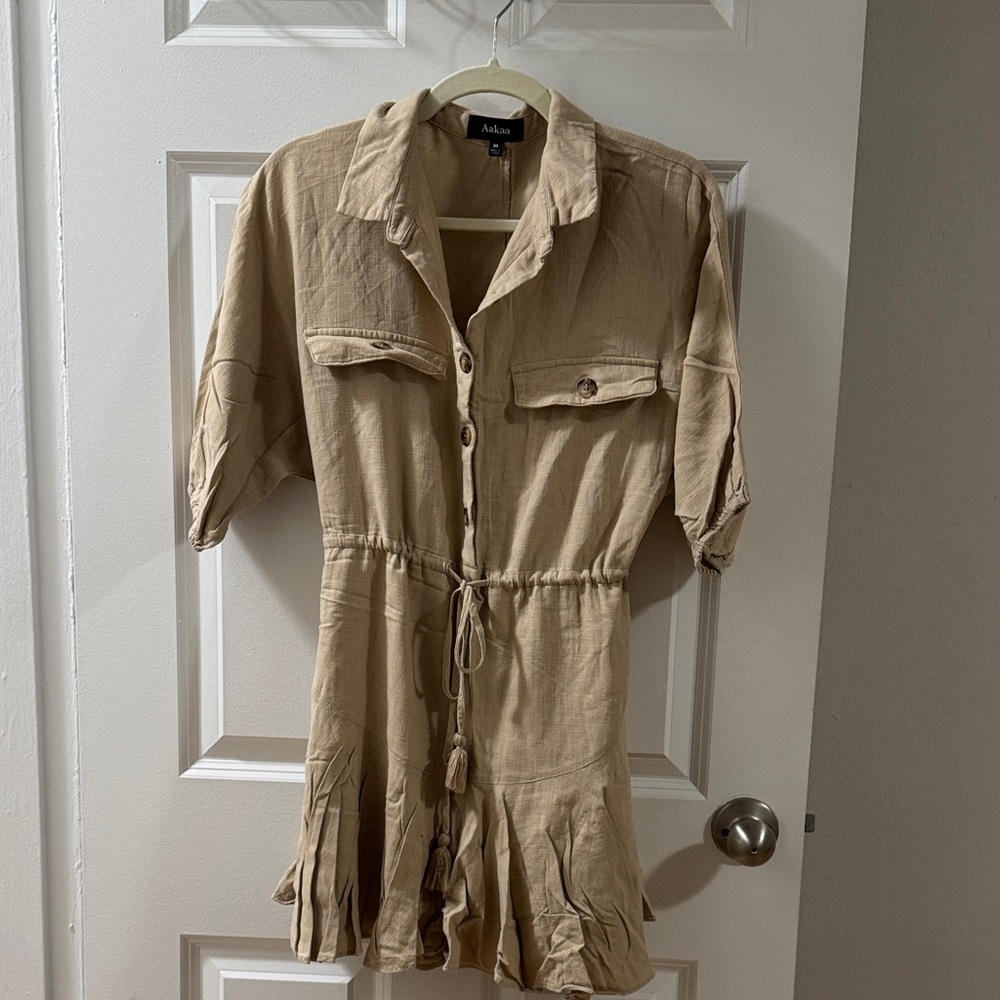 Aakaa Beige Drawstring Button-Up dress with Pocket Flaps